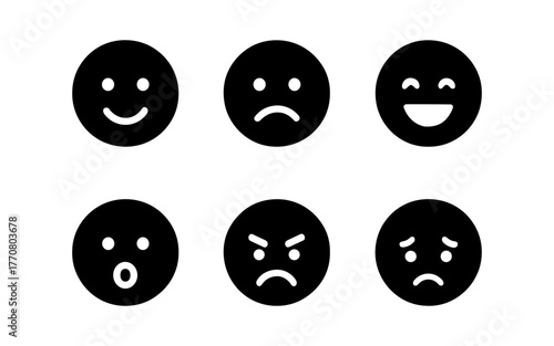 Black and white emoticons set: simple round designs displaying diverse expressions