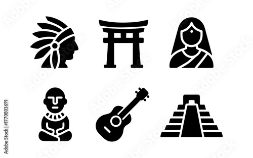 Cultural icons silhouette set featuring global symbols in black and white