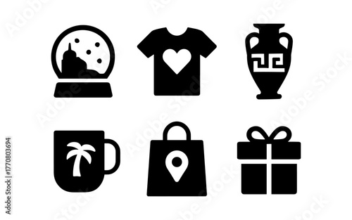 Silhouette icons: snow globe, heart shirt, greek vase, palm mug, shopping bag, gift box