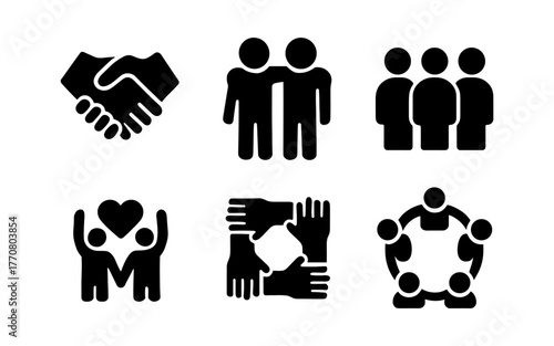 Teamwork icon set featuring silhouettes of collaboration and unity in black and white