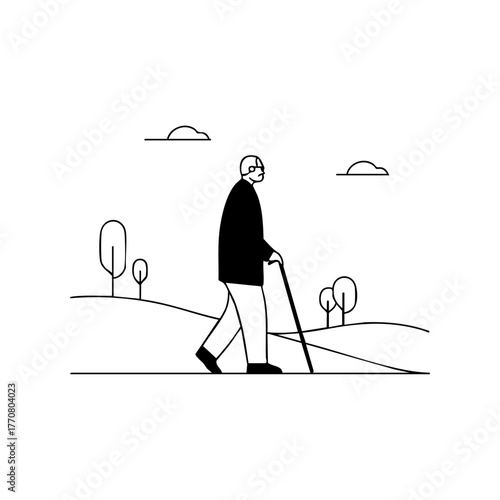 An elderly man walks with a cane in the park, symbolizing active aging, health, and peaceful retirement.