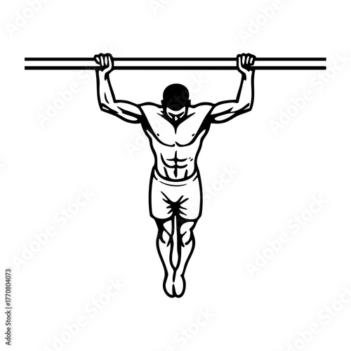 Muscular man performing pull-ups on a bar, symbolizing fitness, strength training, and outdoor calisthenics.