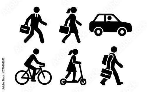 Silhouette icons of commuters walking, cycling, driving, and scooting