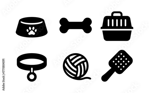 Pet accessory icons: bowl, bone, carrier, collar, yarn, brush