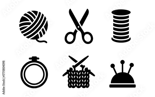 Sewing and knitting tools icons set: scissors, yarn, thread, and more