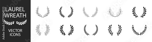 Laurel wreath award vector icon — champion victory emblem, olive branch trophy symbol, vintage circular decoration on transparent background