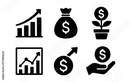 Silhouette financial growth icons: chart, money bag, investment, savings