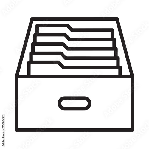 Simple line art icon of an open file cabinet drawer with folders inside