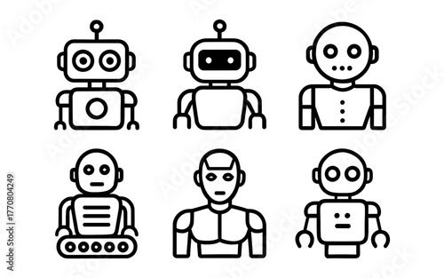 Minimalist black and white robot icons set for technology and ai projects