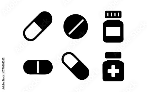 Medical icons set: pills, capsules, and bottles in bold silhouette design