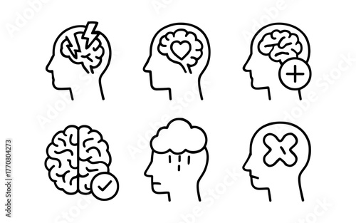 Outline icons set: mental health and emotions with brain and heads