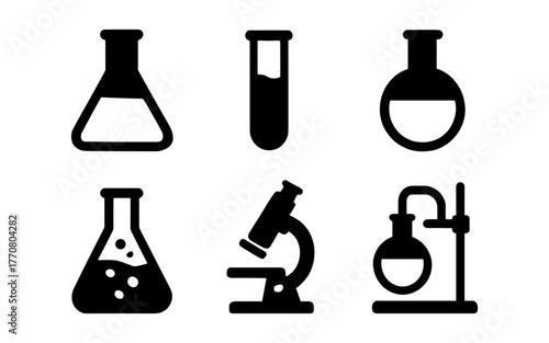 Black and white science icons: minimalist laboratory equipment design set