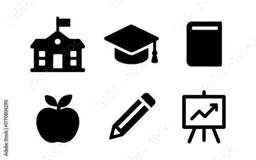 Education icons set: school, graduation, book, apple, pencil, graph