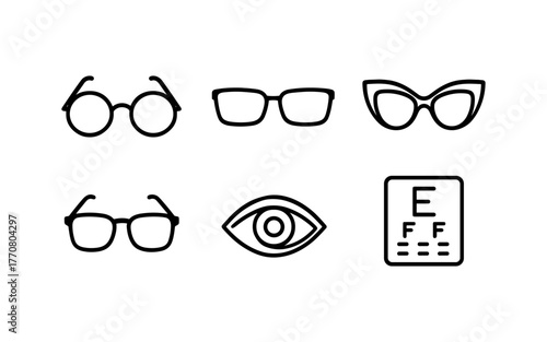 Set of minimal eyewear icons with eye test chart featuring glasses and eye symbol