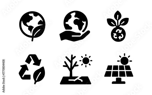 Eco symbols of sustainability and renewable energy in simple black silhouettes