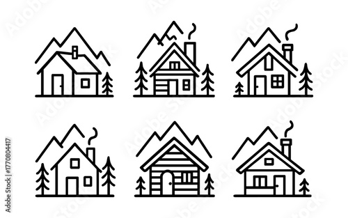 Minimalist outline of cozy cabin homes with mountain and pine trees scenery