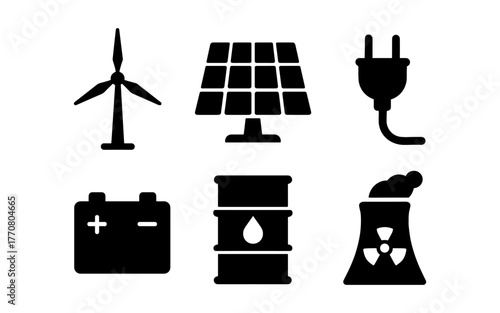 Set of energy source icons: wind, solar, electric, battery, oil, nuclear power silhouettes