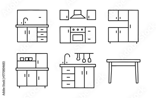 Minimalist kitchen furniture collection with cabinets, sink, and table
