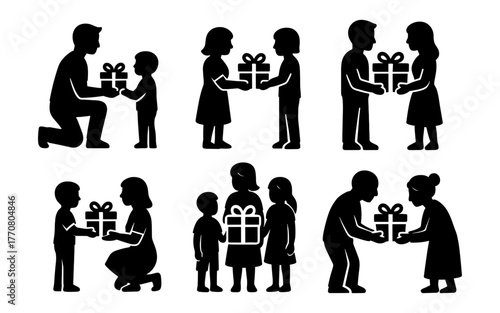 Silhouette of people exchanging gifts in various poses and interactions
