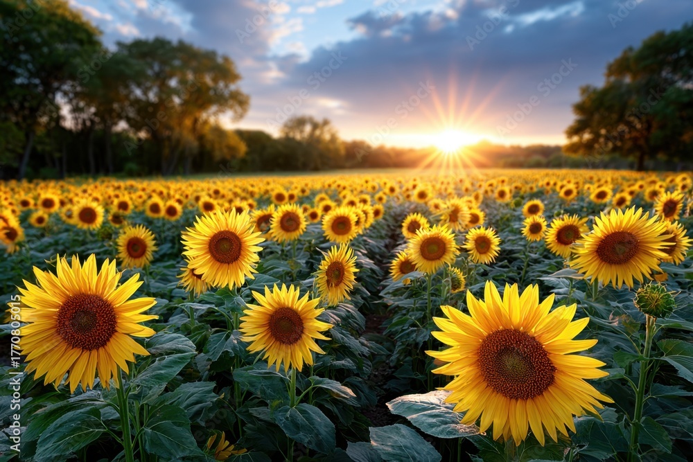 Fototapeta premium Golden Sunflower Field at Sunset with Trees