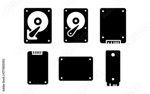 Set of silhouette icons featuring hard drive, solid state drive, and memory modules