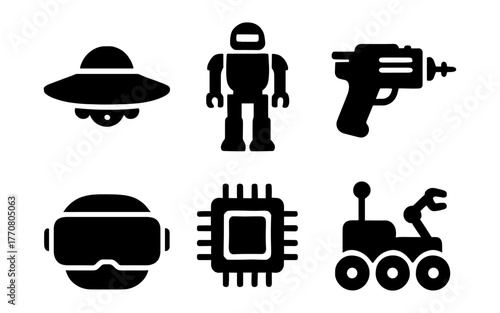Futuristic technology icons: ufo, robot, laser gun, vr, chip, rover
