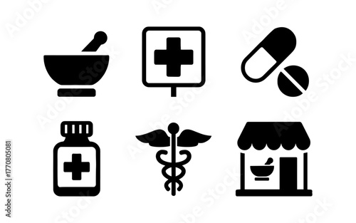 Medical icons set: pharmacy, medicine, healthcare symbols in simple black style