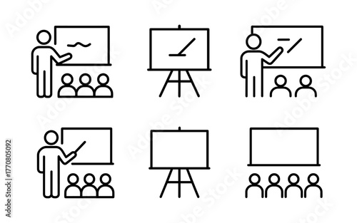 Linear style teaching and presentation icons set for education themes