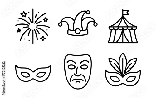 Circus and carnival icons: mask, tent, fireworks, and jester hat in linear style