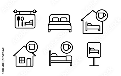 Minimalist line icons representing lodging and dining services in accommodation