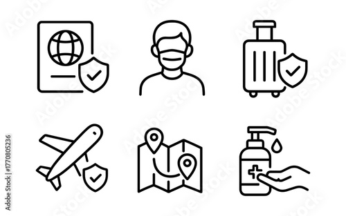 Travel safety icons: passport, mask, luggage, plane, map, sanitizer in linear style