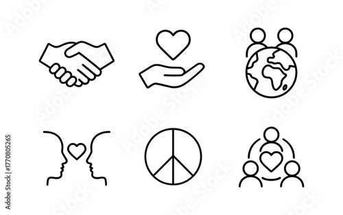 Minimalist linear icons promoting unity, peace, and global love