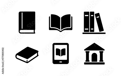 Library icons set: books, ebook reader, and building silhouettes