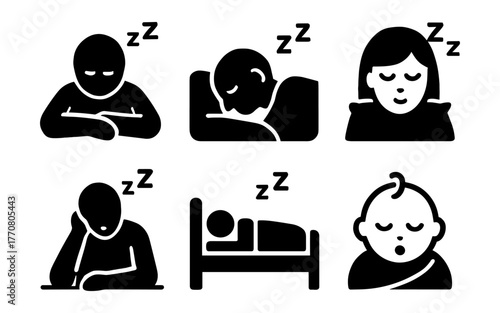 Sleeping icons set: diverse silhouettes of adults and babies resting