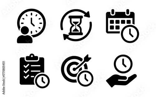 Time management icons set with clocks and symbols in black silhouette style