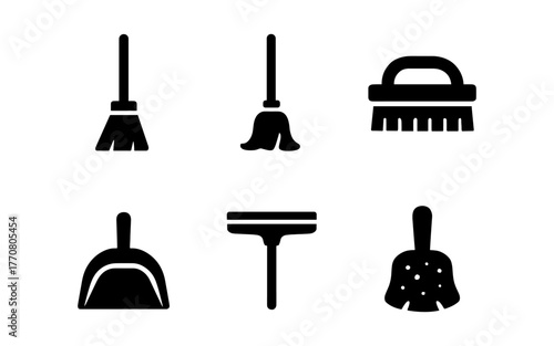 Set of cleaning tools icons in simple silhouette style