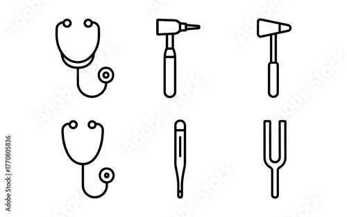 Healthcare icons: stethoscope, thermometer, reflex hammer, tuning fork – medical equipment line art