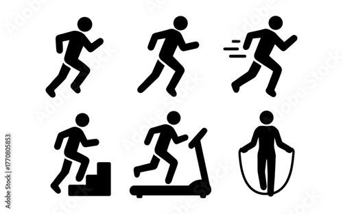 Silhouette icons of various fitness activities including running and jumping