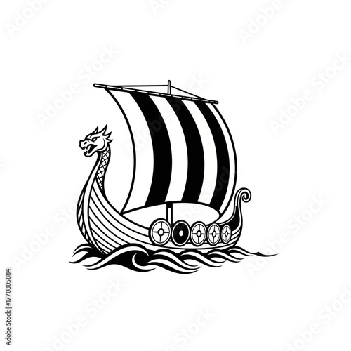Detailed Viking Longship Illustration with Striped Sail and Dragon Head.