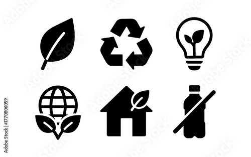 Eco-friendly icons set: sustainable living, recycling, and renewable energy symbols