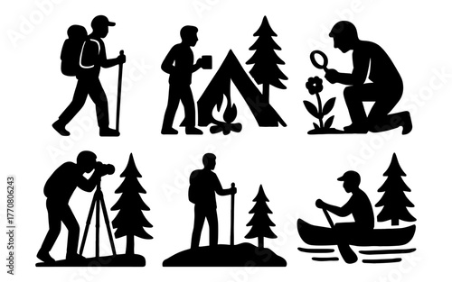 Silhouette of outdoor adventure activities with hiking, camping, and canoeing themes