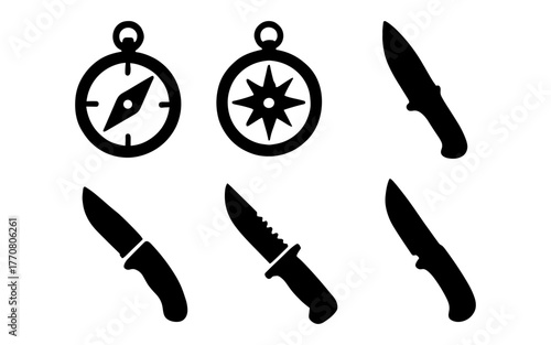 Silhouette icons of knives and compasses for outdoor adventure design