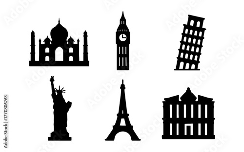 Iconic world landmarks silhouettes: taj mahal, big ben, leaning tower, statue of liberty, eiffel tower, historical architecture