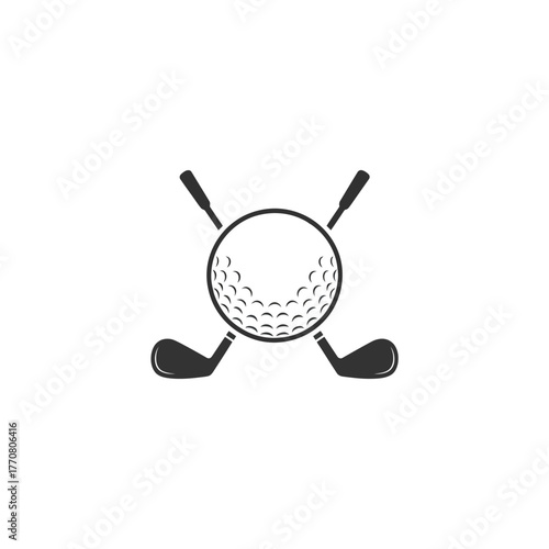 A golf ball is centered with two crossed golf clubs behind it.