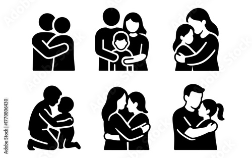 Set of silhouette family hugs: parent child embrace icons