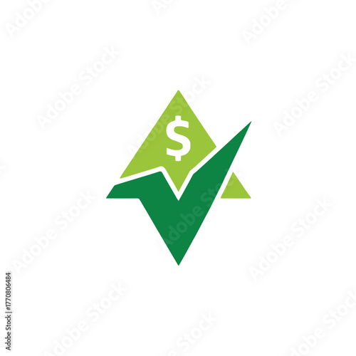 Green checkmark superimposed over a triangle with a dollar sign inside indicates financial approval.