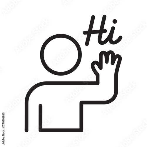 Simple line art icon of a person waving hello with the word hi