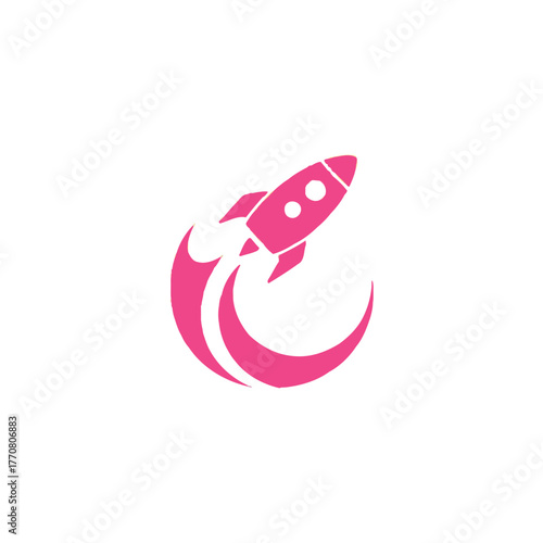 A pink rocket ship blasts off with a curved trail of smoke behind it.