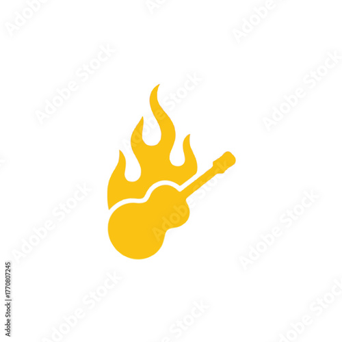 An electric guitar silhouette is engulfed in flames and fire.