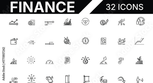 Finance line icon set. Including Growth Chart, Crypto Analysis, Limit Arrow, Financial Graph, Dollar Rotation, Profit Growth, Secure Transaction, Wallet, Leverage Bar, . Vector line illustration
